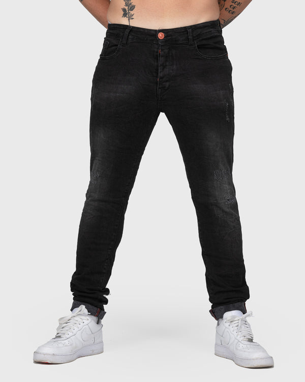 BLACK TAPERED DESTROYED JEANS T11 - indi-man