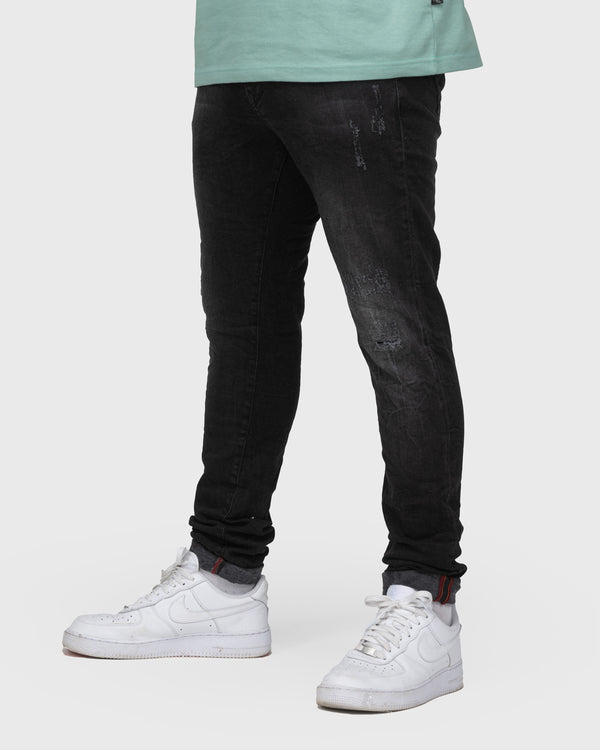 BLACK TAPERED DESTROYED JEANS T11 - indi-man